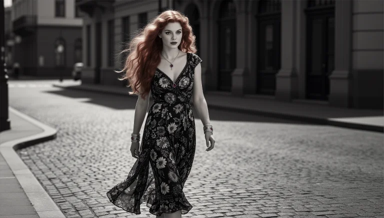 A Stunning Woman With Long Flowing Red Hair Walking Down A C...