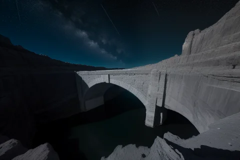 A Bridge Of Light Spanning A Starlit Chasm, Moonlight, Wide... — Stable Diffusion AI Prompt: a bridge of light spanning a starlit chasm, moonlight, wide establishing shot, m...