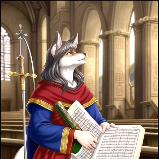 Medieval Scripture, Fox Drawing Wielding Sword, Looking Up,...