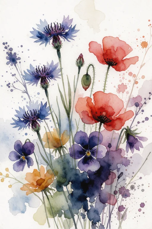 A Loose Expressive Watercolor Botanical Study Of Wild Cornfl...