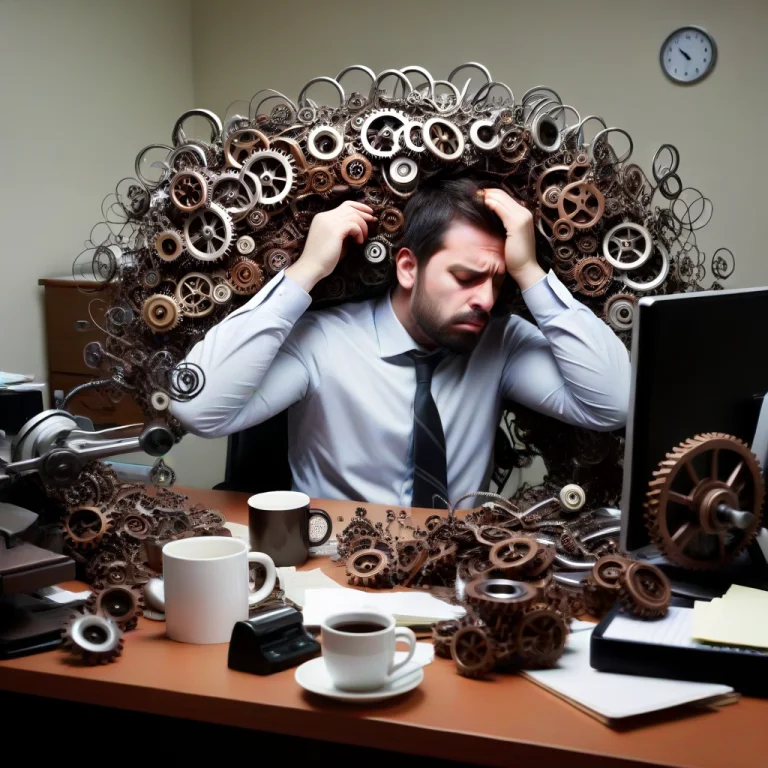 A Tired Office Worker Sitting At A Desk, Surrounded By An Ab...