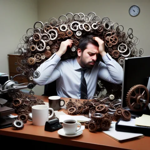 A Tired Office Worker Sitting At A Desk, Surrounded By An Ab... — SDXL AI Prompt: A tired office worker sitting at a desk, surrounded by an absurdly complex machi...