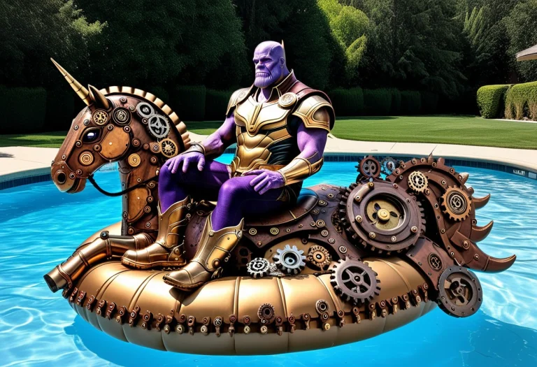 Thanos In Steampunk Armor, Sitting On A Unicorn Pool Float M...