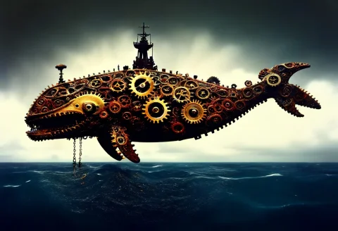 Photo-realistic A Gear Encrusted Clockwork Whale Leaps Out O... — SDXL AI Prompt: photo-realistic: a gear encrusted clockwork whale leaps out of an oily, stormy s...