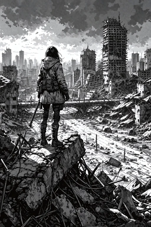 A Wide Establishing Shot Of A Young Female Scavenger In A Wo...