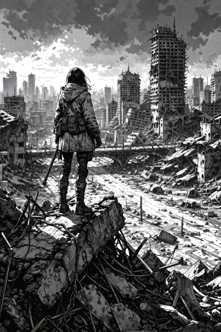 A Wide Establishing Shot Of A Young Female Scavenger In A Wo... — Stable Diffusion AI Prompt: A wide establishing shot of a young female scavenger in a worn, hooded coat and...