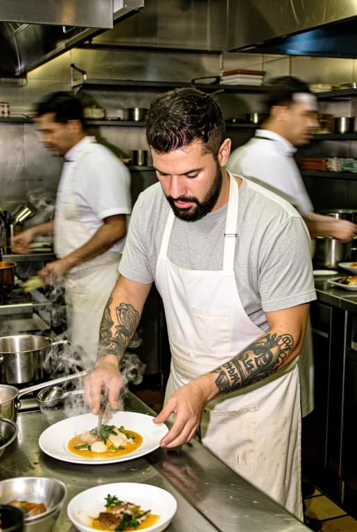 A 29-year-old Mexican Chef With Tattooed Forearms Plating A...
