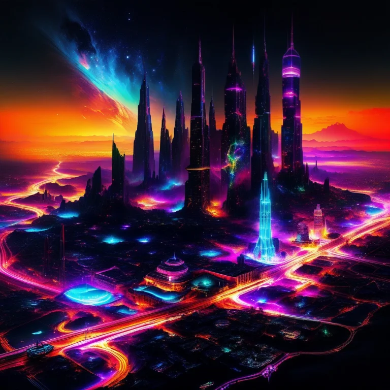 Massive Sprawling Lit Neon City That Is Folding Onto Of Its...