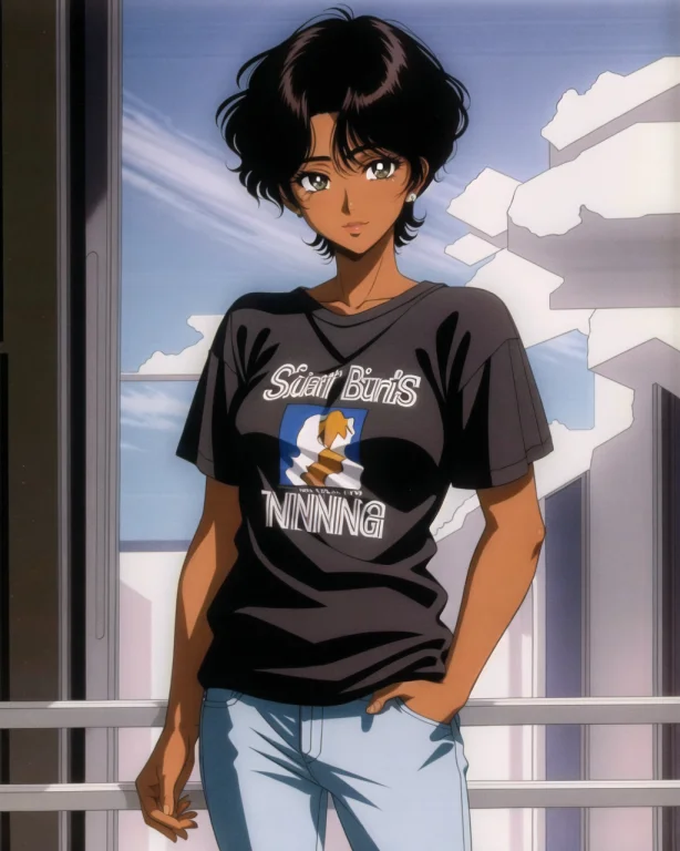 90s Vibe, 1girl, Solo, Short Hair, Shirt, Black Hair, Dark S...