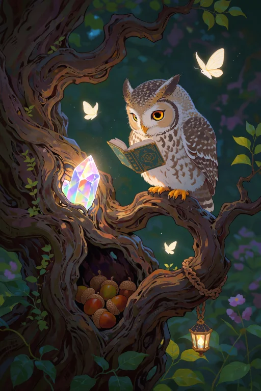A Small Owl Perched On A Twisted Branch, Reading A Tiny Book...