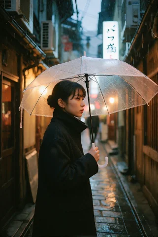 A Stylish Japanese Woman Holds A Transparent Umbrella As She... — Stable Diffusion AI Prompt: A stylish Japanese woman holds a transparent umbrella as she walks through a nar...