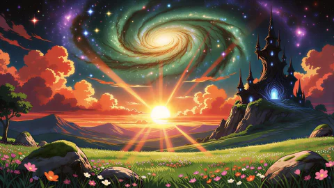 Cosmic Fantasy Landscape Widescreen Panorama. In The Upper S... — Stable Diffusion AI Prompt: Cosmic fantasy landscape widescreen panorama. In the upper sky, a giant swirling...