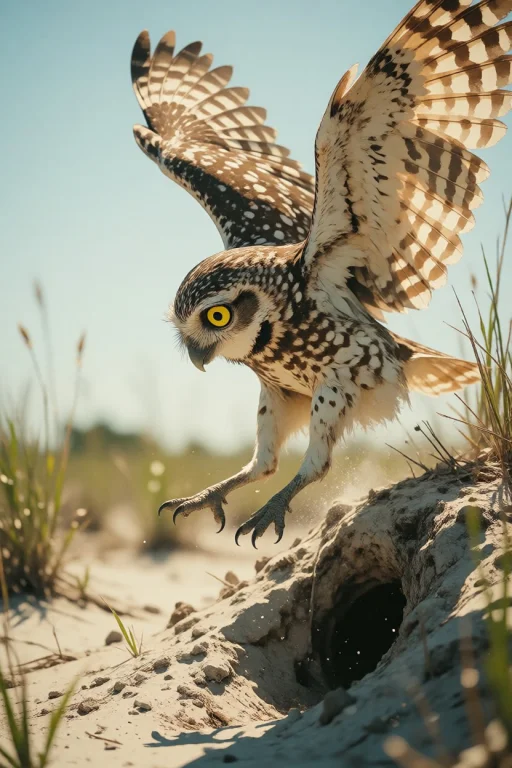 Nature, A Florida Burrowing Owl Dropping Onto A Sandy Mound...