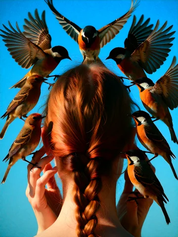 A Ring Of Small Birds Encircling The Head, Wings Open, Some... — Stable Diffusion AI Prompt: a ring of small birds encircling the head, wings open, some perched on the finge...