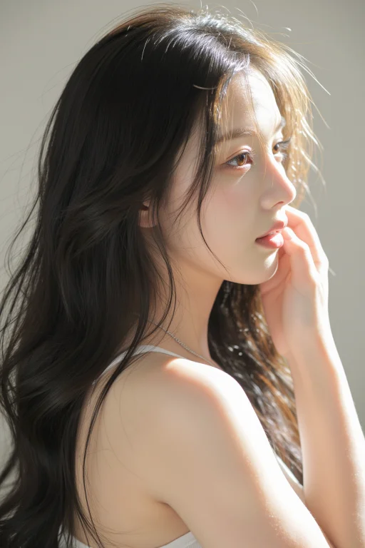 写实人像摄影，特写半身构图，一位温柔精致的韩国年轻女生，蓬松...