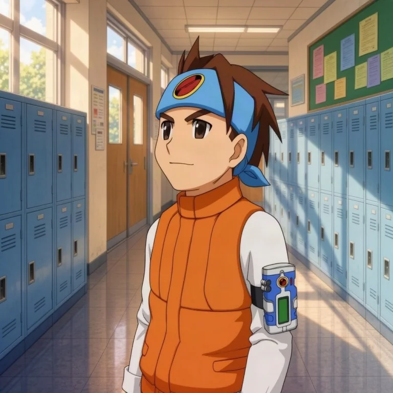 A Character With Spiky Brown Hair, Wearing A Blue Headband W...