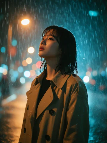 A Korean Woman Stands In The Middle Of A Seoul Street During... — Stable Diffusion AI Prompt: A Korean woman stands in the middle of a Seoul street during a heavy nighttime d...