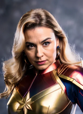 Portrait Of Sks Woman As Captain Marvel, Feminine, Epic Pho... — Stable Diffusion AI Prompt: (photo, studio lighting, hard light, sony a7, 50 mm, hyperrealistic, big depth...