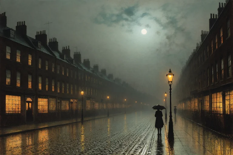 John Atkinson Grimshaw Style, Nocturnal Cityscape Oil Painti...