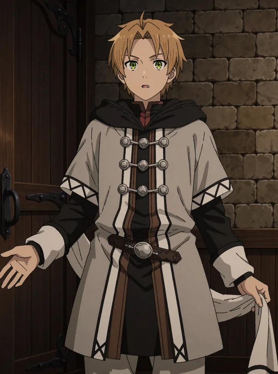 Rudeus Greyrat From Mushoku Tensei Stands Indoors With A Sur...