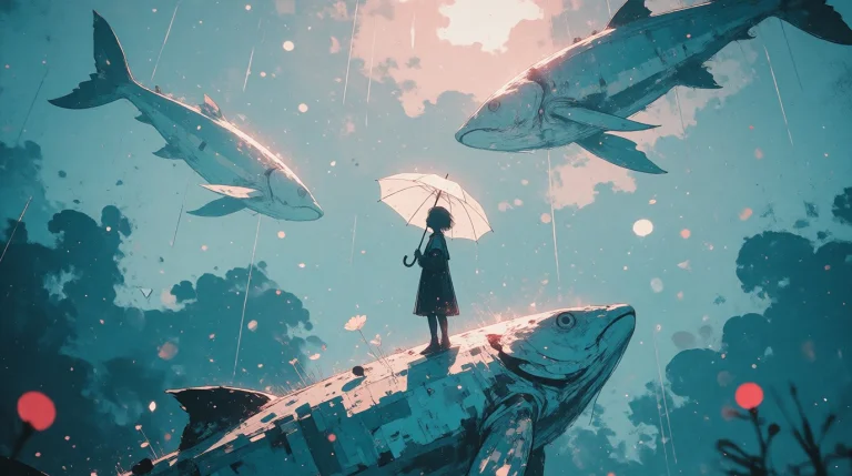 Dreamy Surreal Illustration Of A Lone Girl Silhouette Floati...