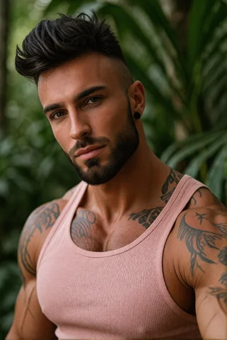 Photography Of A Handsome Muscular Guy With Spiky Styled Bla... — Stable Diffusion AI Prompt: Photography of a handsome muscular guy with spiky styled black hair and a groome...