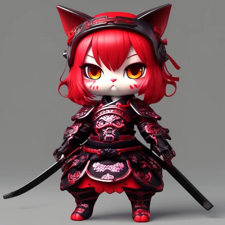 A 3d Chibi Anime Red Hair Cat Girl Wear Gear Samurai Dresses...