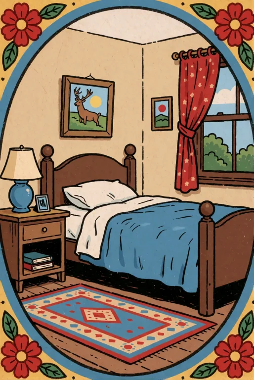 Folk Comic Illustration. A Quiet Bedroom Interior. Decorativ...