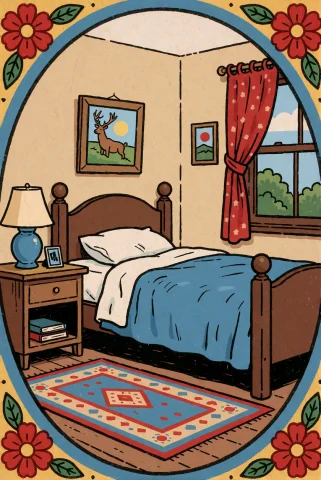 Folk Comic Illustration. A Quiet Bedroom Interior. Decorativ... — Stable Diffusion AI Prompt: folk comic illustration. A quiet bedroom interior. Decorative border.
