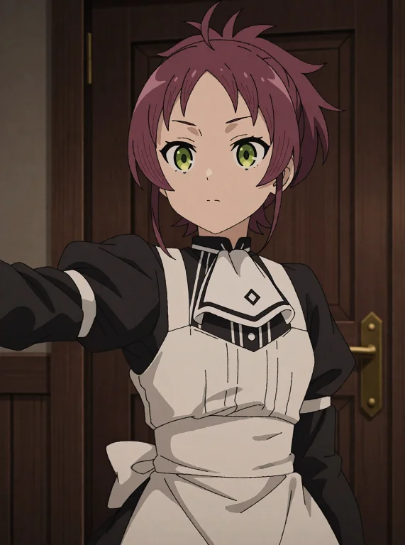 Aisha Greyrat From Mushoku Tensei Stands Indoors With One Ar...