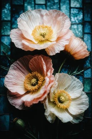 Zidiusart, A Vertical Stained Glass Illustration Of Delicate... — Stable Diffusion AI Prompt: zidiusArt, A vertical stained glass illustration of delicate poppy flowers. The...