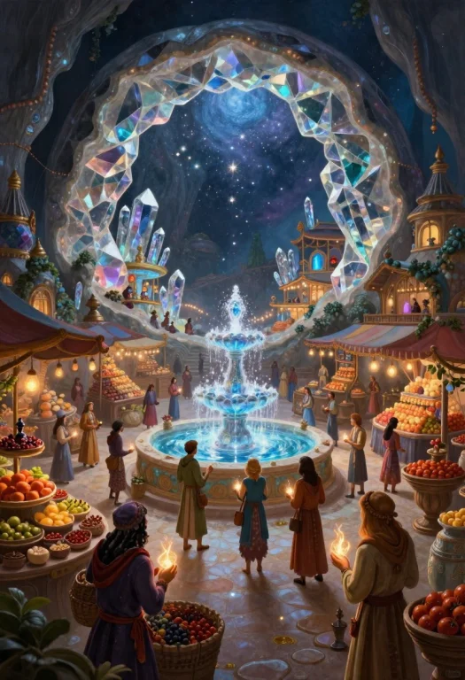 A Bustling, Fantastical Marketplace Set Within A Giant, Holl...