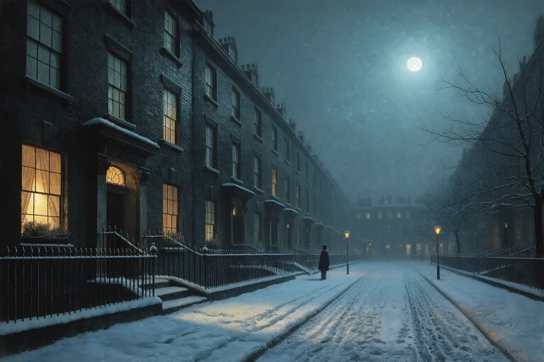 Grimshaw Victorian Nightscape, Snow-quiet Street After Midni...