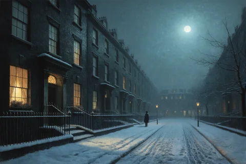 Grimshaw Victorian Nightscape, Snow-quiet Street After Midni... — Stable Diffusion AI Prompt: Grimshaw Victorian nightscape, snow-quiet street after midnight with frost feath...