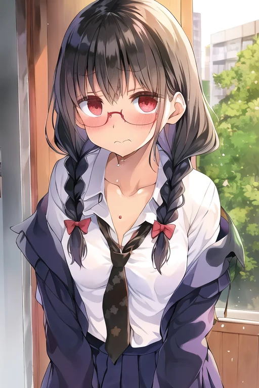 177013, 1girl, School Uniform, Portrait, Black Rimmed Glasse...