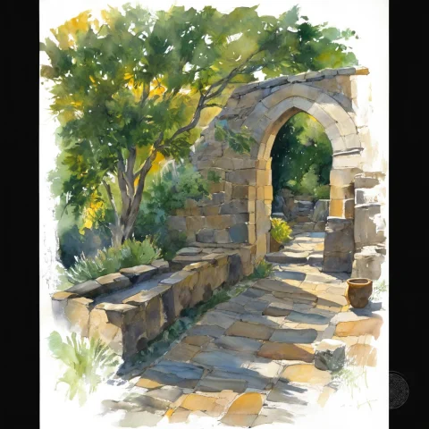 Ancient Monastic Living-stone Cloister On Terra, Parabolic A... — SDXL AI Prompt: ancient monastic living-stone cloister on Terra, parabolic arched acoustic galle...