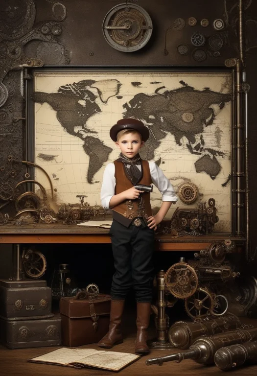 1boy, Standing, Map, Steampunk, Gun On Desk, Studio Full Of...