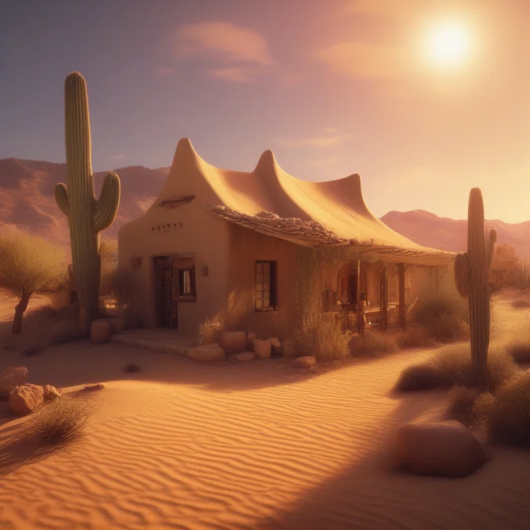 A Desert Adobe Village Warmed By Evening Light, Stylized 3d...