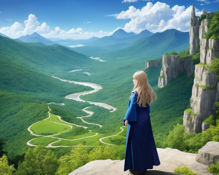 A Female Wizard, Robes, On A Cliff Overlooking A Lush Green...