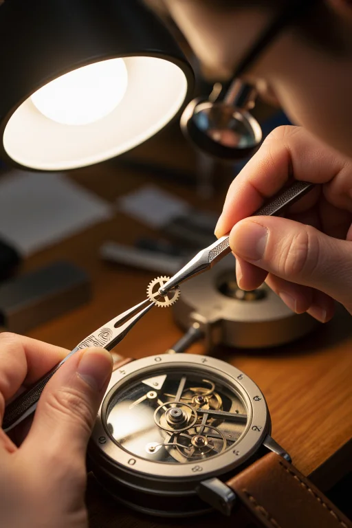 A Watchmakers Hands With Tweezers Placing A Tiny Gear, Loupe...