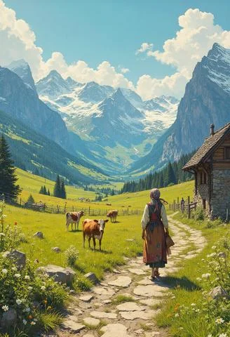 Create A Side View Image Of A Dairymaid Walking Along An Old...