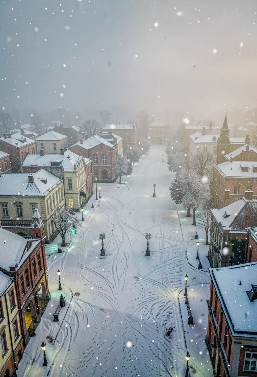 A Snowfall Settling Over A Silent Town Square, Cinematic Pho...