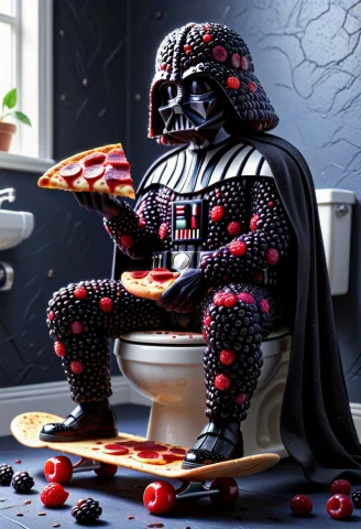 Darth Vader Made Of Dense Groups Of Dark, Round Berries., Si... — SDXL AI Prompt: Darth Vader made of dense groups of dark, round berries., sitting, over a toilet...
