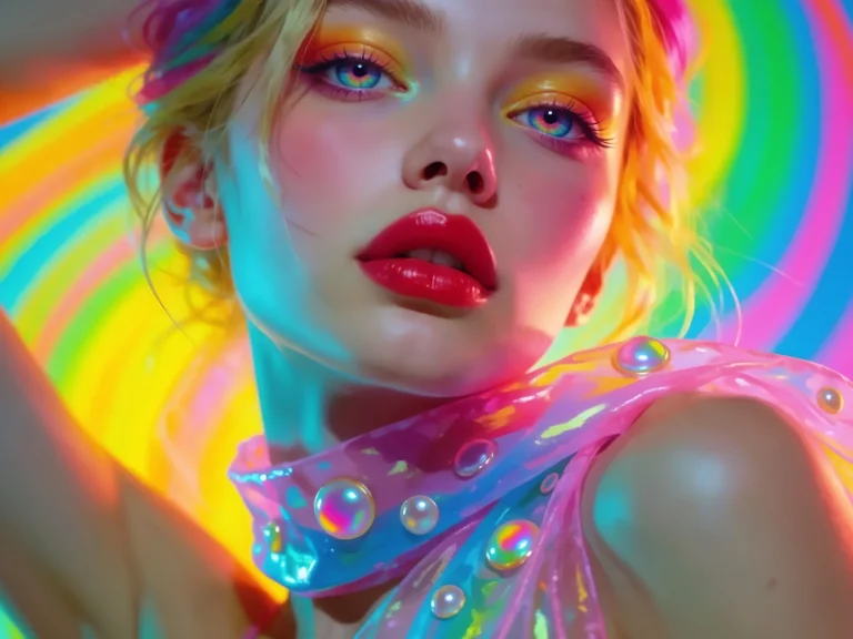 Woman With Rainbow Makeup Colorful Background Pearls On Skin...