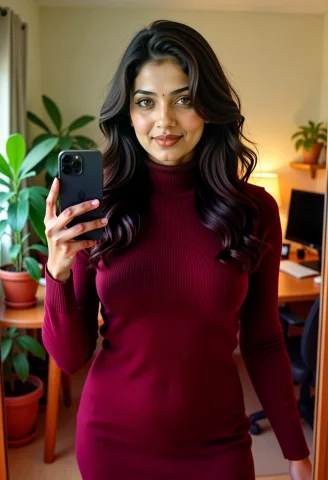 An 8k Photorealistic Indoor Mirror Portrait Of A South Asian... — FLUX AI Prompt: An 8k photorealistic indoor mirror portrait of a South Asian woman holding a dar...
