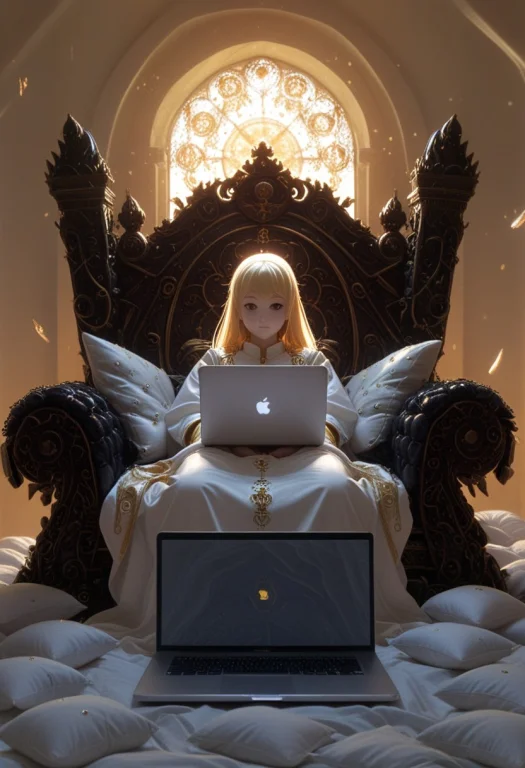 Anime Saint Lying On A Throne Of Pillows, Laptop Floating In...