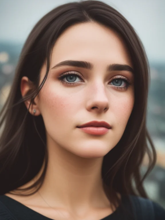 A Close Up Portrait Of A Brunette, Prague In The Background,...