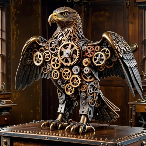Photorealistic Majestic Eagle Standing On A Vintage Workshop... — SDXL AI Prompt: Photorealistic majestic eagle standing on a vintage workshop desk, entire body m...