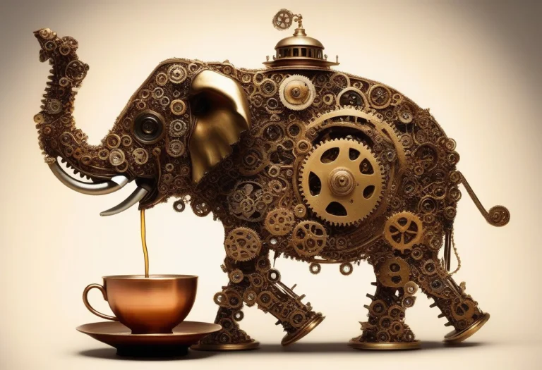 Gearstyle, A Clockwork Elephant Made Of Brass Gears Pouring...