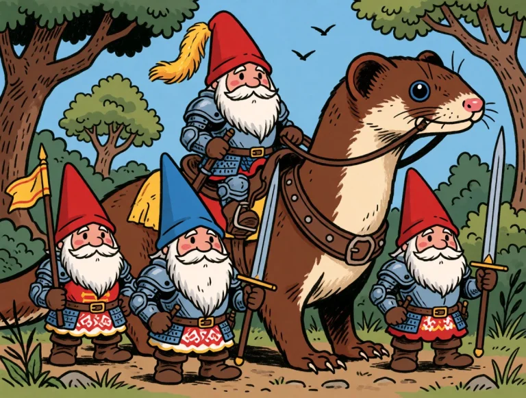 Folk Comic Illustration Of A Company Of Gnome Knights, They...